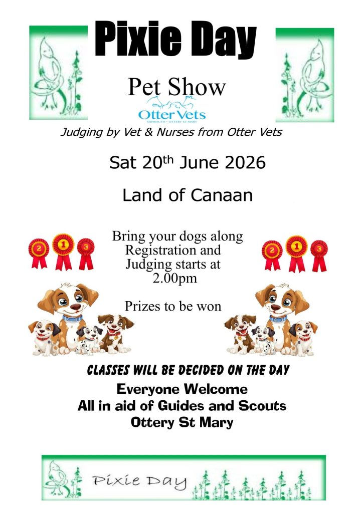 Poster advertising a community pet show in Ottery St Mary on Saturday 20 June 2026 at the Land of Canaan, with registration and judging starting at 2:00pm.