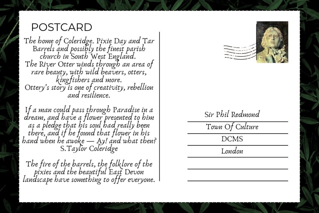Postcard message describing Ottery St Mary's culture and heritage, including references to Samuel Taylor Coleridge, Pixie Day, Tar Barrels, the River Otter and local wildlife.