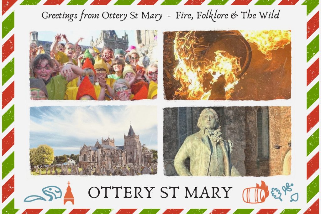 Digital postcard titled "Greetings from Ottery St Mary – Fire, Folklore & The Wild", featuring photographs of Pixie Day celebrations, Tar Barrels, St Mary's Church and the Samuel Taylor Coleridge statue.