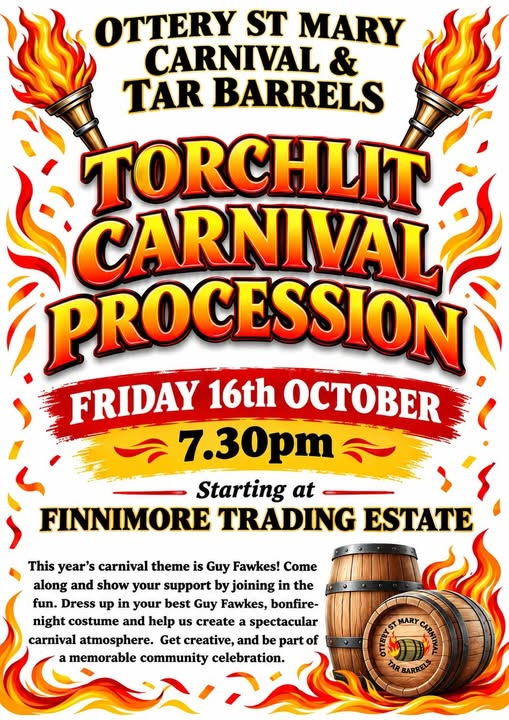 Promotional poster for the Ottery St Mary Torchlit Carnival Procession, featuring flaming torches and carnival-themed artwork.
