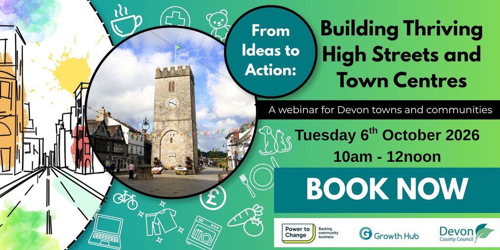 Promotional graphic for a webinar on building thriving high streets and town centres.
