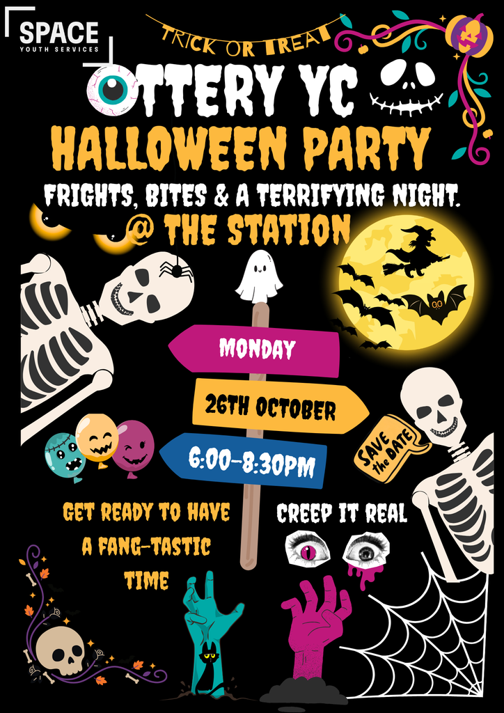 Halloween-themed poster for a youth party featuring skeletons, ghosts, bats, pumpkins and other spooky illustrations.